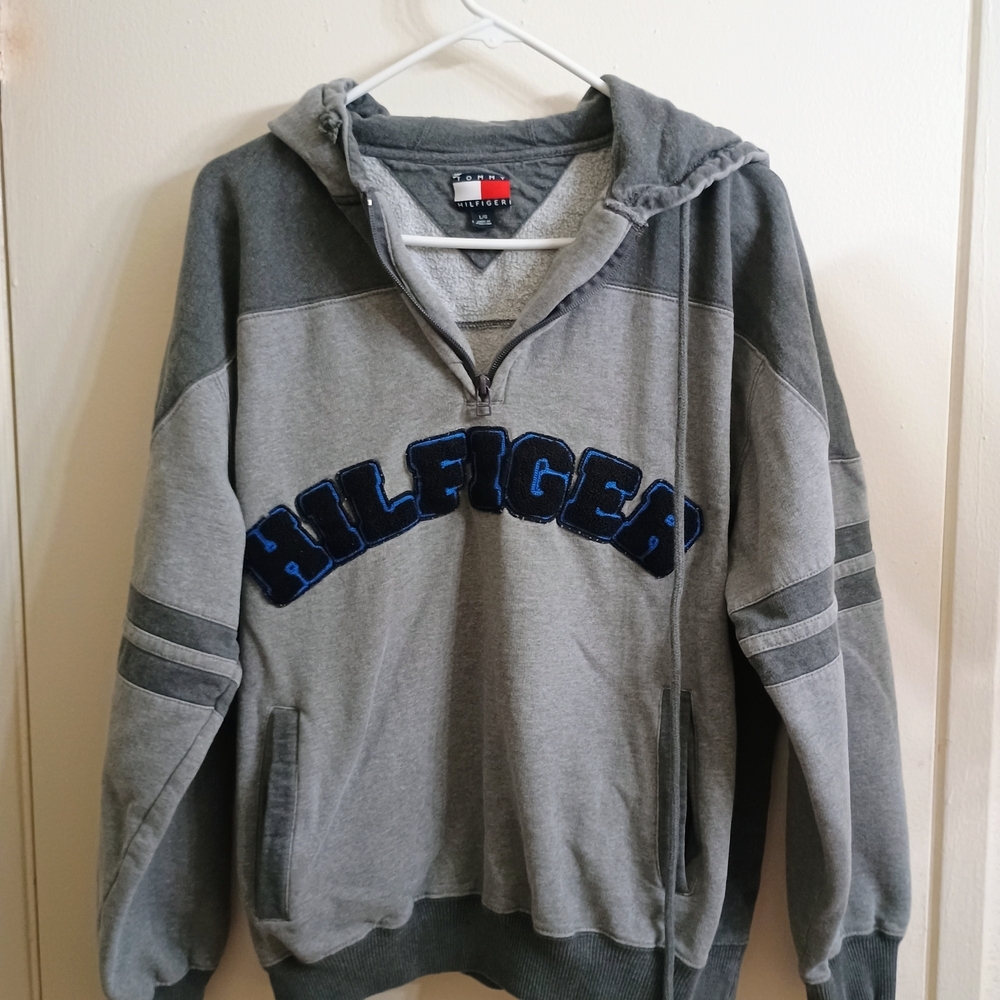 Vintage Tommy Hilfiger Gray and Blue Men's Hoodie
